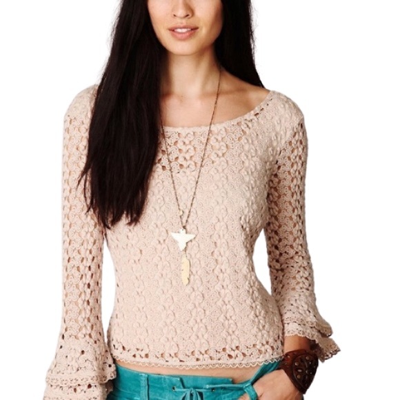 Free People Tops - Free People Crochet Knit Bell Sleeve Top in Nude